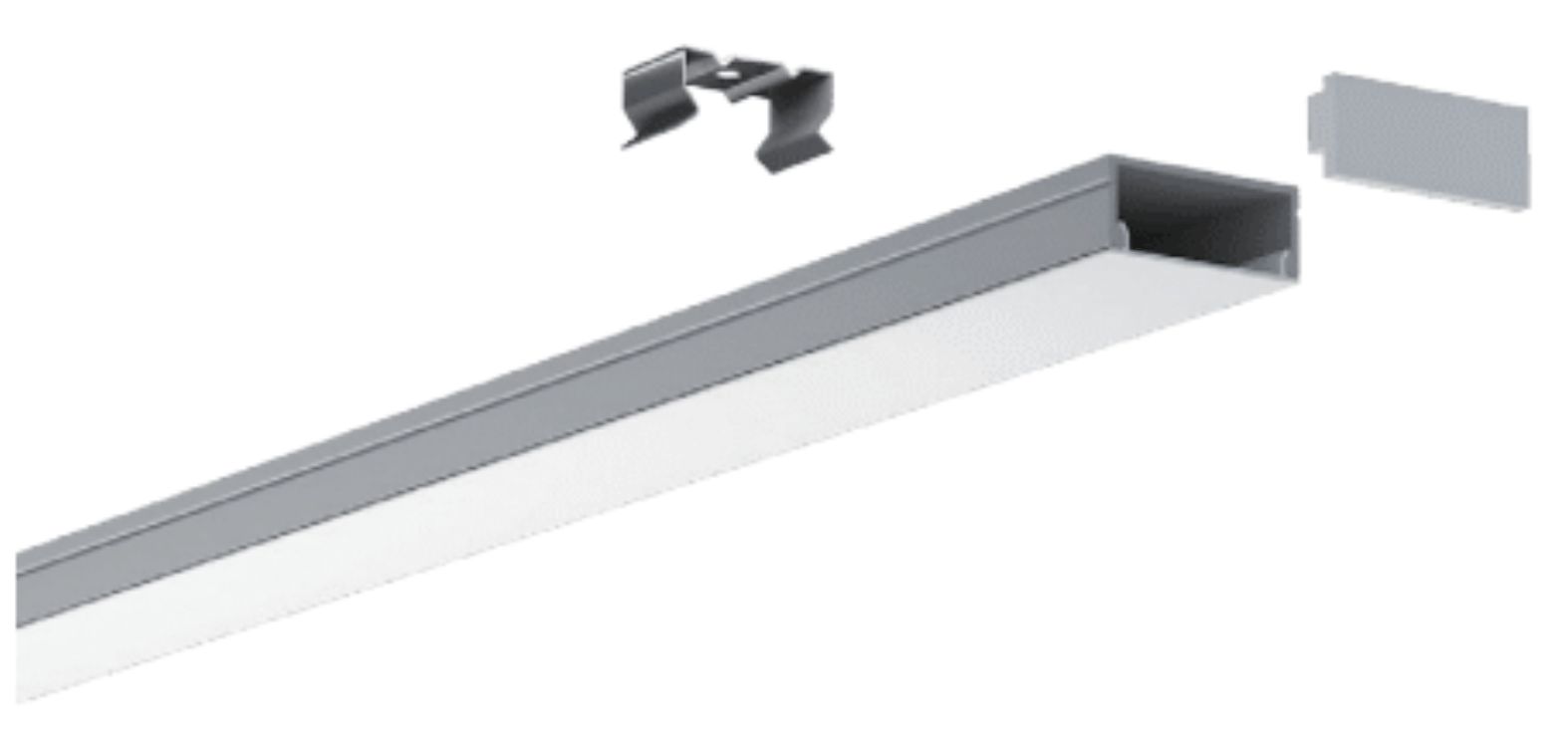 Silver LED light fixture with mounting hardware and end cap.