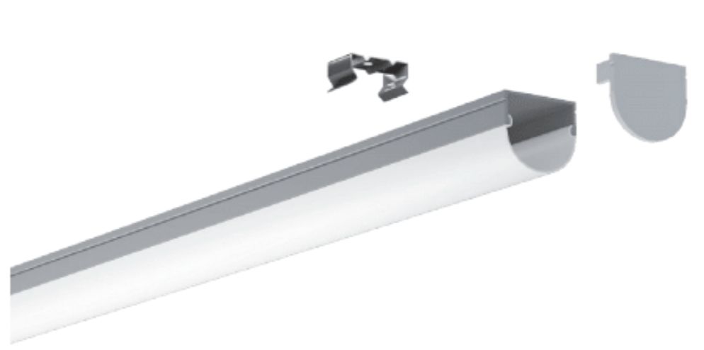 An exploded view of a linear LED light fixture with mounting clip and end cap.