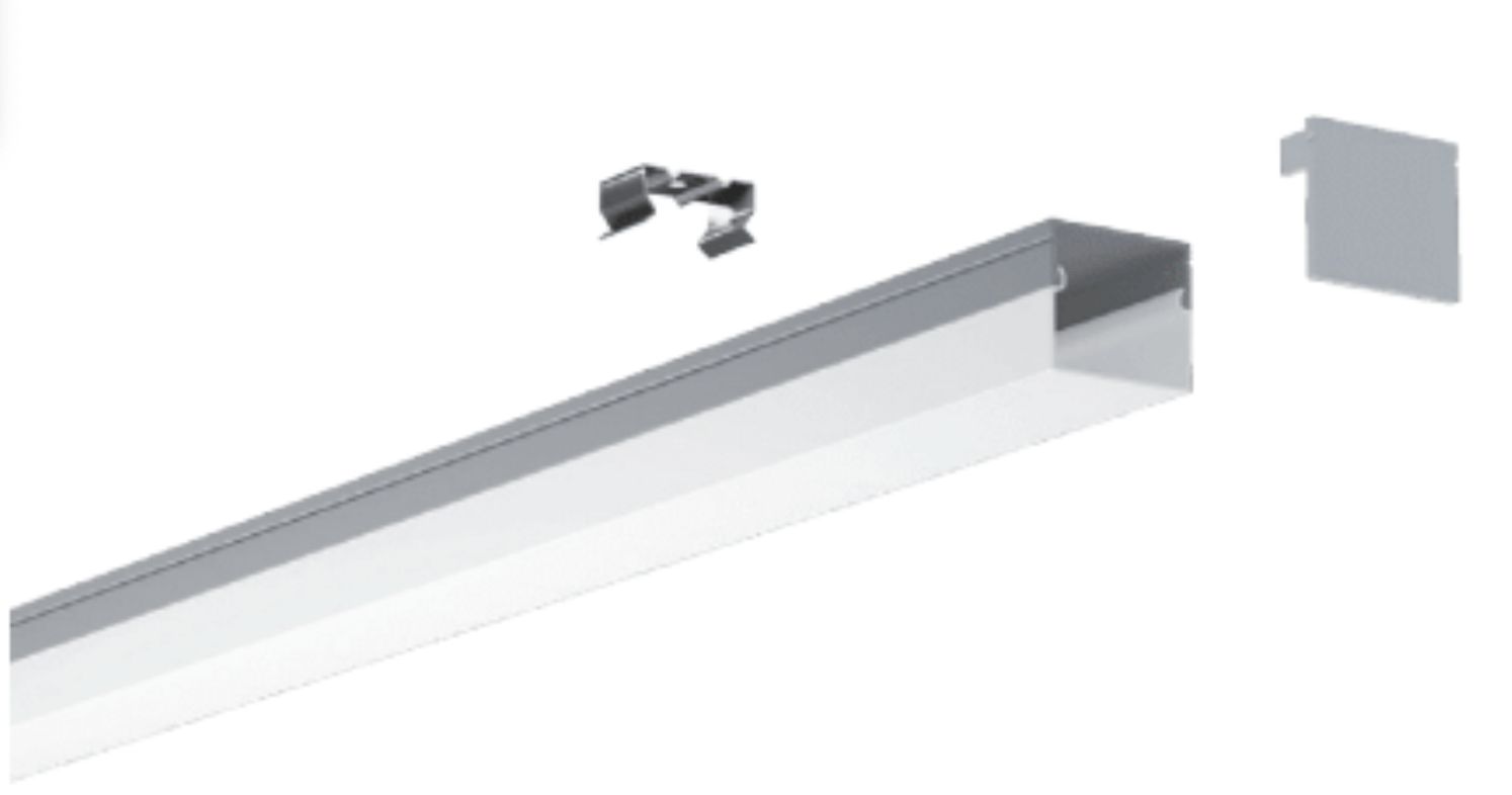 Linear LED light fixture with mounting clip and end cap.
