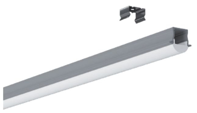A long, silver LED light fixture with a mounting clip.