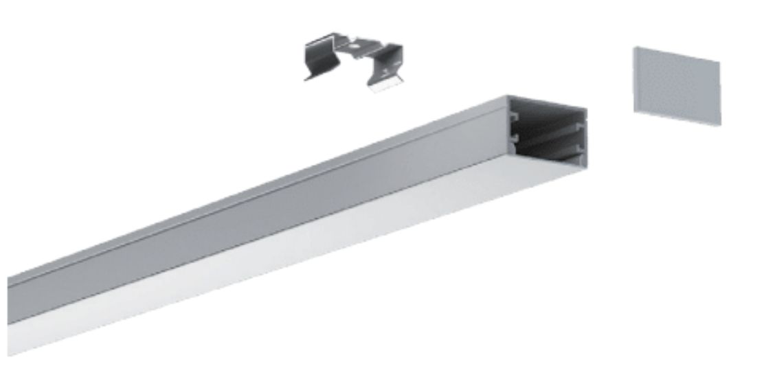 An exploded view of an LED light fixture, showing the light housing, end cap, and mounting clip.