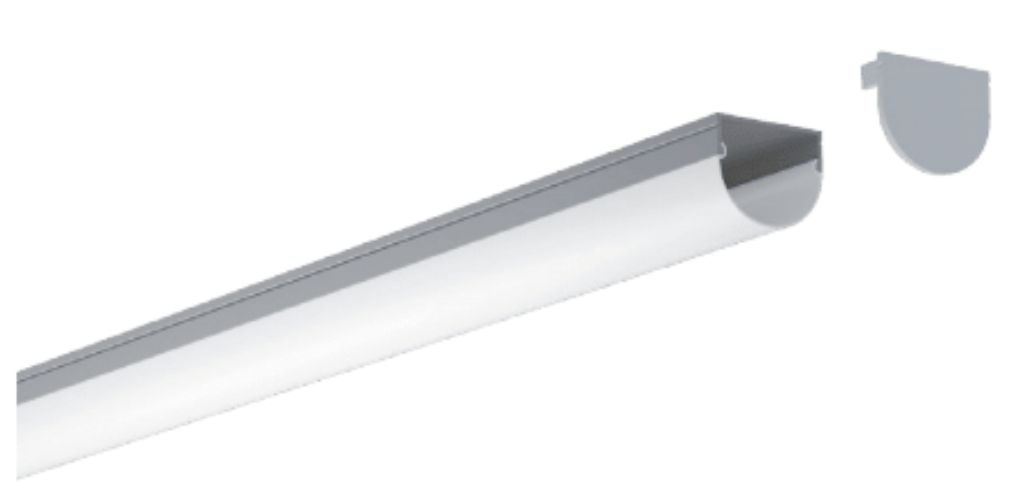 A silver LED light fixture with a semi-circular cross-section and a detached end cap.