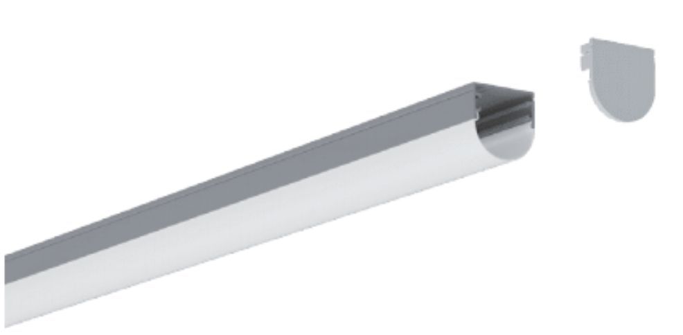 A linear light fixture with a matching end cap, in a white and silver color scheme, isolated on white.