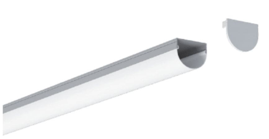 A white and gray linear LED light fixture with a matching end cap, set against a white background.