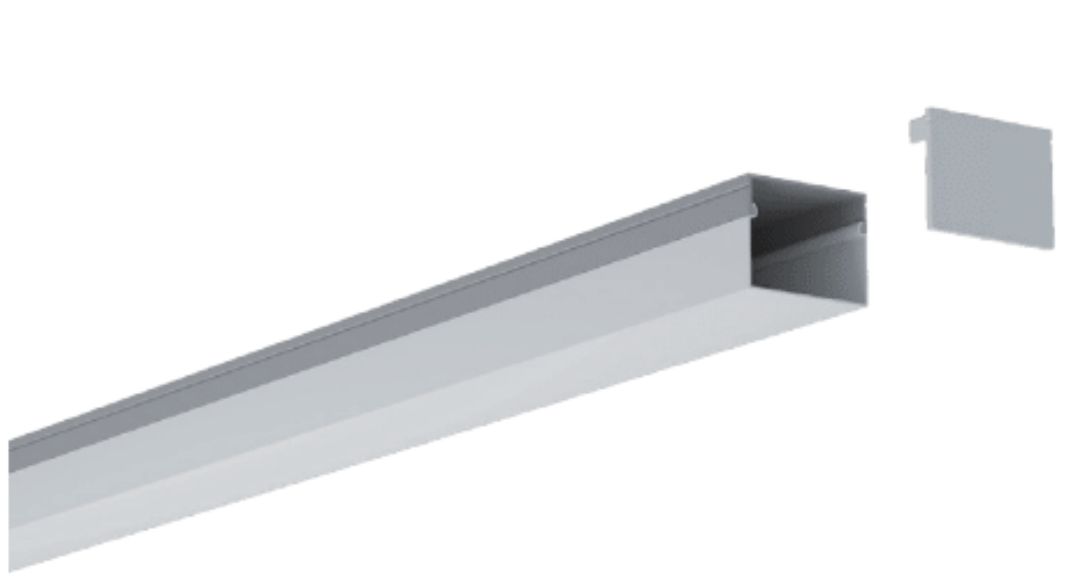 Silver metal channel with a detached end cap, for mounting.