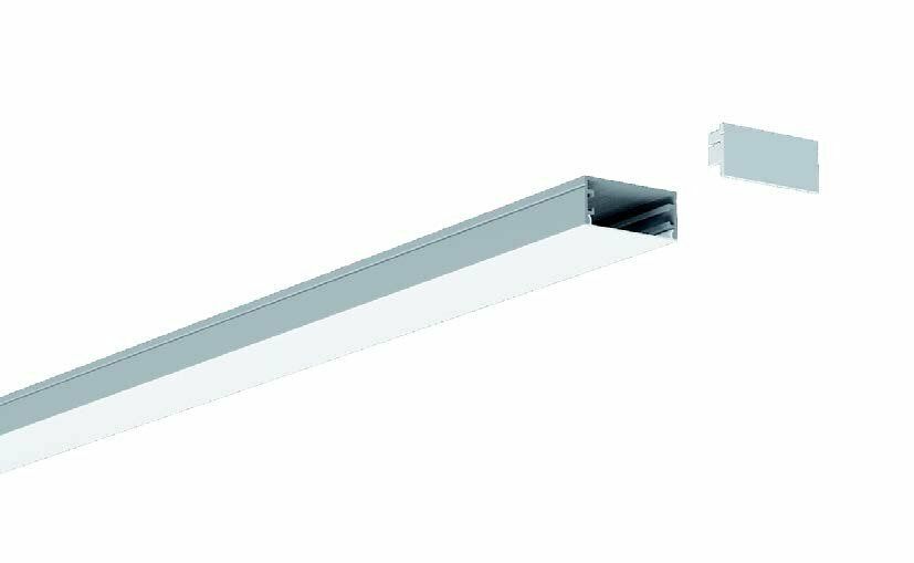 Silver LED strip light profile with an end cap detached.