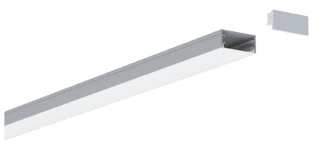 Silver and white LED strip light with a detached end cap.