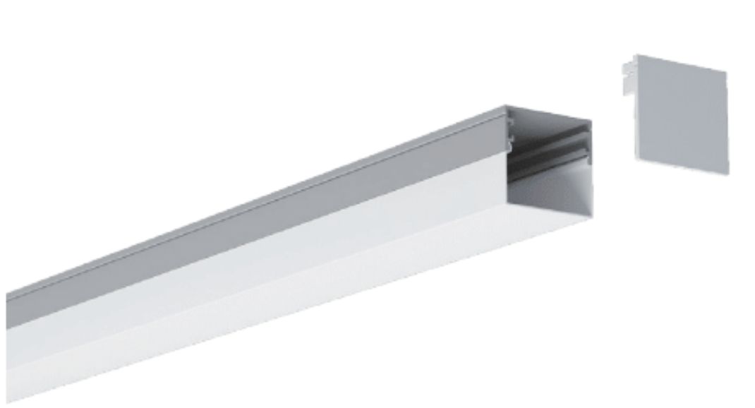 White and gray rectangular channel with a detached end cap, likely for LED strip lighting.