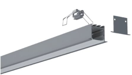 Silver LED light fixture with a mounting clip and end plate, for recessed installation.