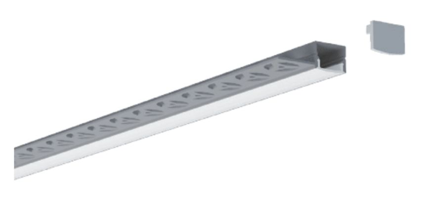 A silver LED light channel and an end cap are displayed.