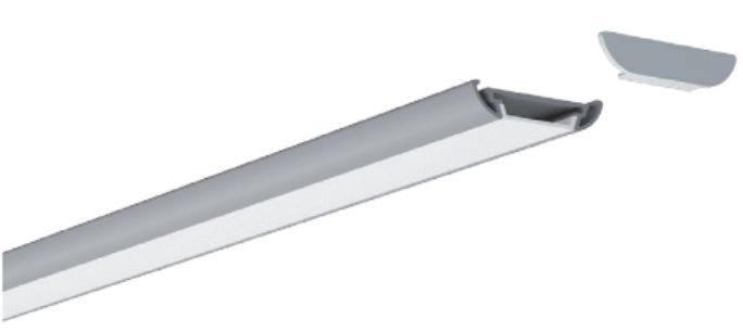 Silver linear LED light fixture with a detached end cap.