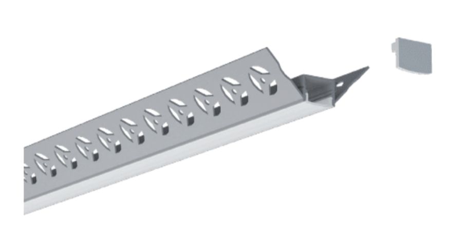 Metal corner bead with oval perforations, a cap, and a notched end.