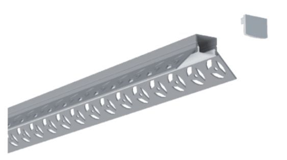 Metal corner bead for drywall, with decorative holes and a small end cap.