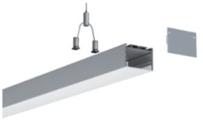 Silver LED linear light fixture with hanging cables and end cap, likely for commercial use.