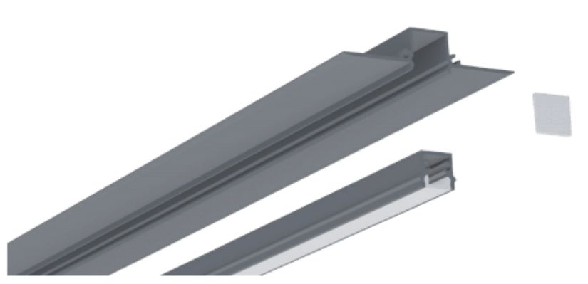 Gray metal channel with a separate matching piece and small white square.