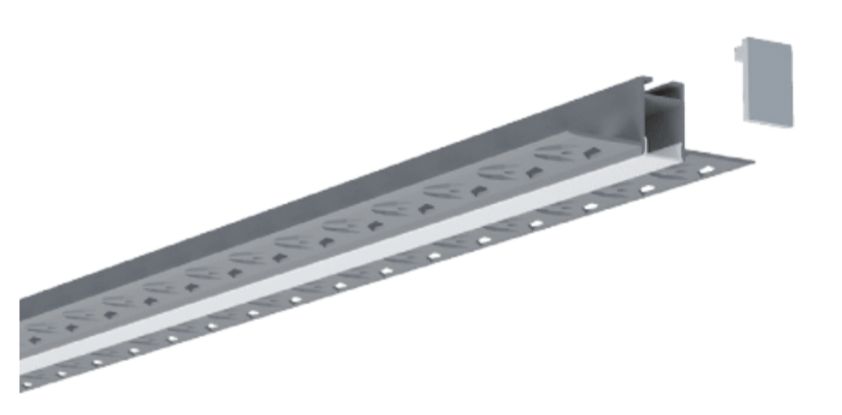 Metal track with holes and a detached clip, likely for drywall or ceiling installation.