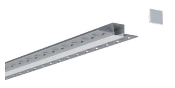 Metal ceiling grid section. Gray, with a square central component and a perforated flange.