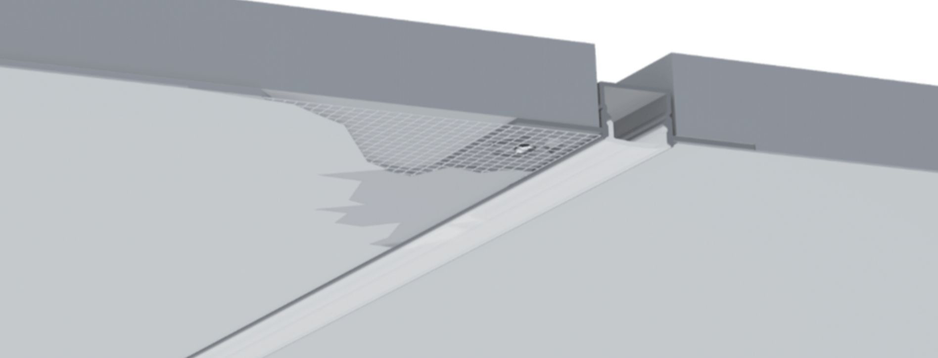 Angled view of architectural design with a seam, light gray surfaces and shadow details.