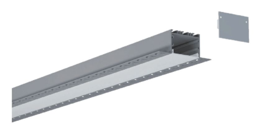 A silver LED light fixture with a square end cap, positioned on a white background.