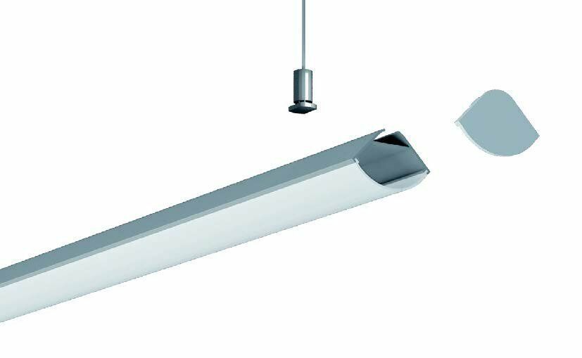 Silver linear LED light fixture with hanging cable, end cap, and cover.