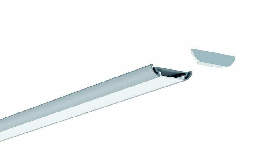 A silver LED light fixture with a detached end cap, against a white background.