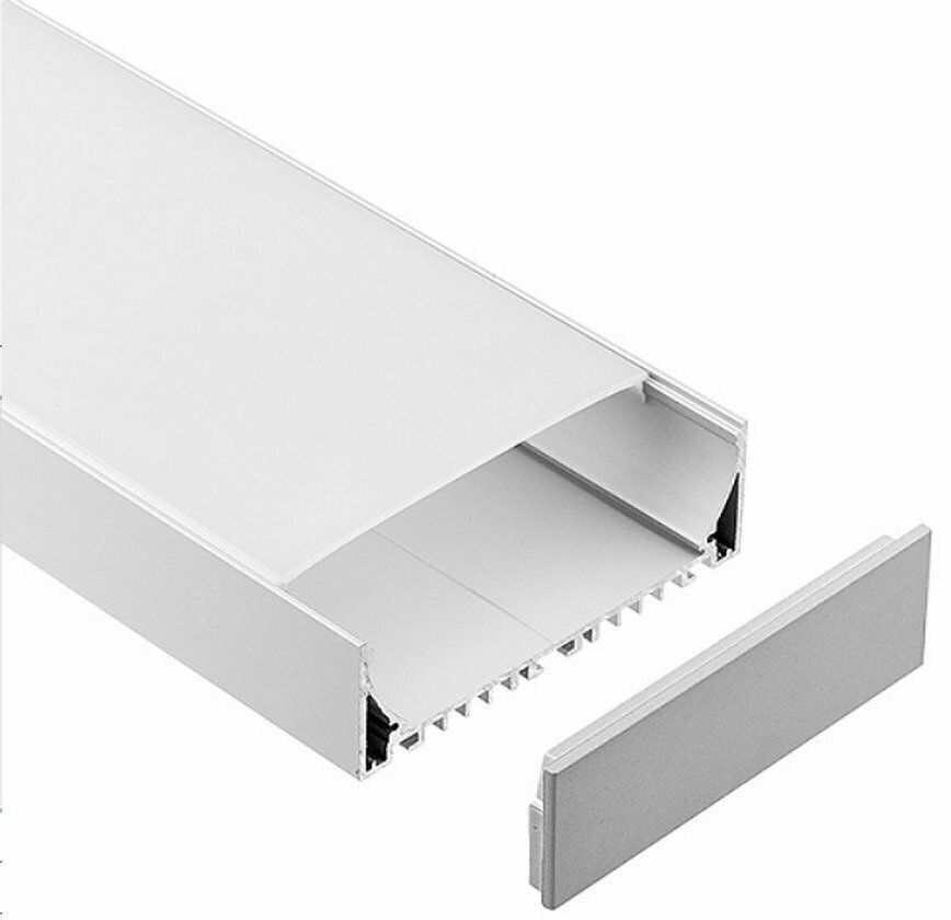Aluminum LED channel with removable cover and end cap, likely for recessed lighting.