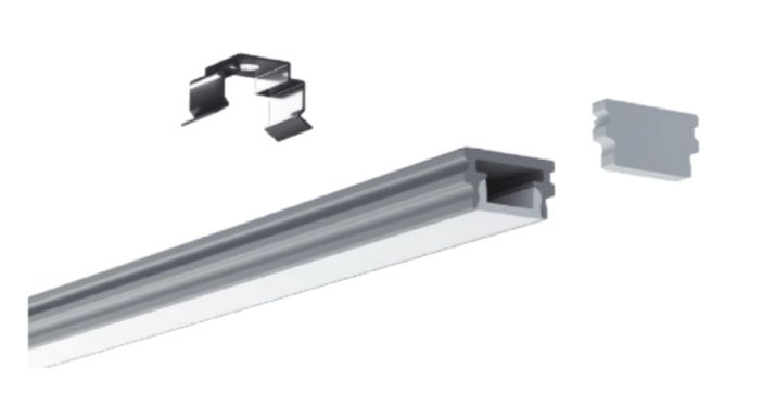 Silver LED strip light with mounting clip and end cap.