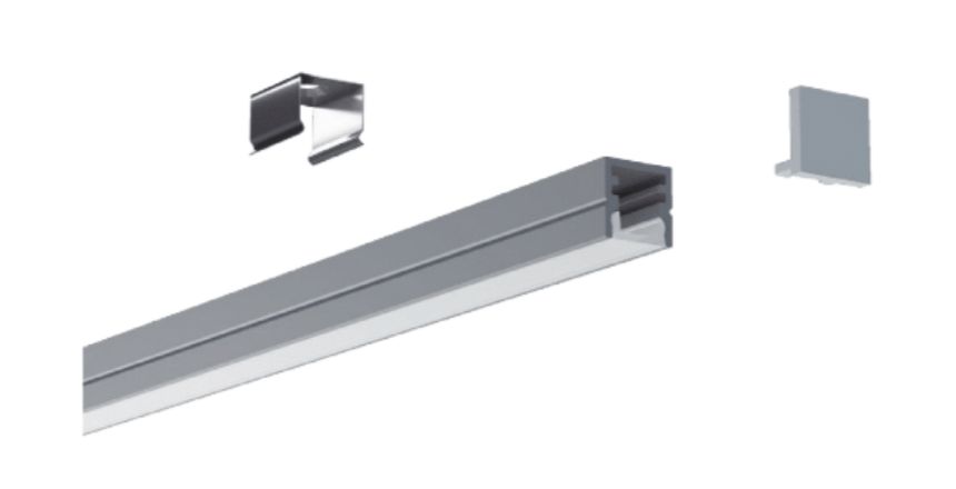 Metal LED light fixture components: track, corner bracket, and end cap.