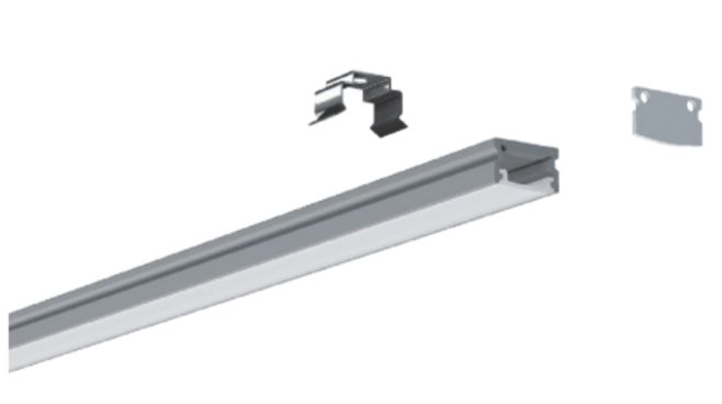 Aluminum LED light fixture with mounting hardware.
