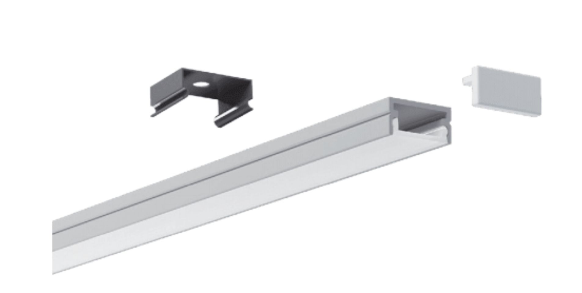 Aluminum LED light channel components: track, mounting clip, end cap.