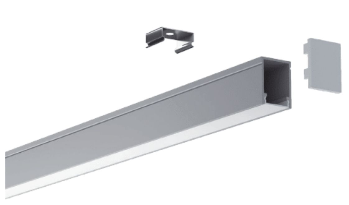 Silver LED strip light components: channel, end cap, and clip for mounting.