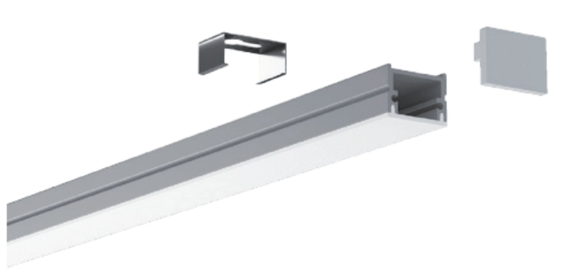An LED strip light with accessories, including mounting brackets and an end cap.