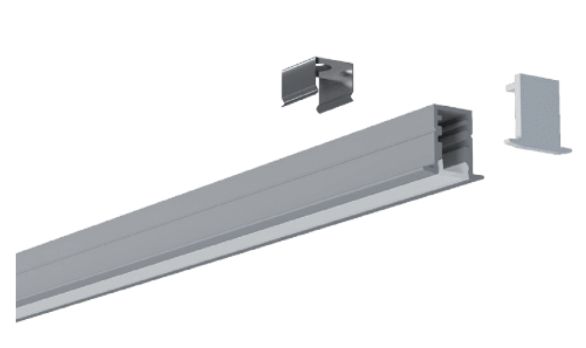 Silver LED light strip with mounting clips and end cap.