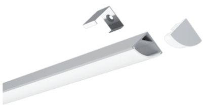 Silver LED light fixture with mounting bracket and end cap.