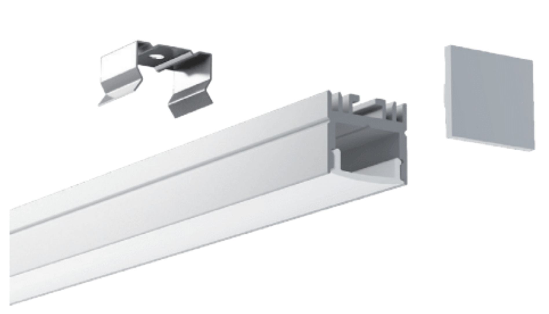 Silver LED strip light extrusion with mounting clip and end cap.