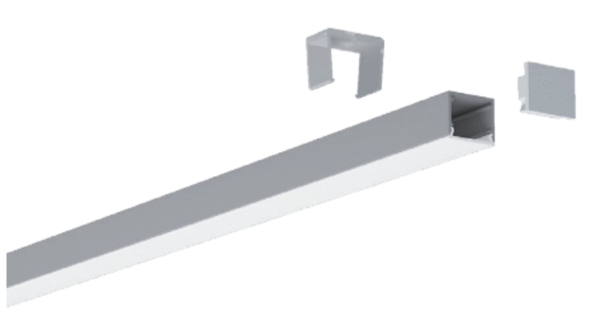 Silver rectangular channel with a clip and an end cap, likely for construction or lighting.