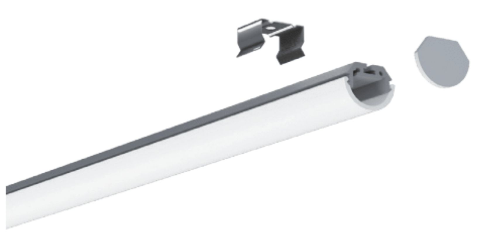 A white and gray linear LED light fixture with a clip and end cap, isolated on white.