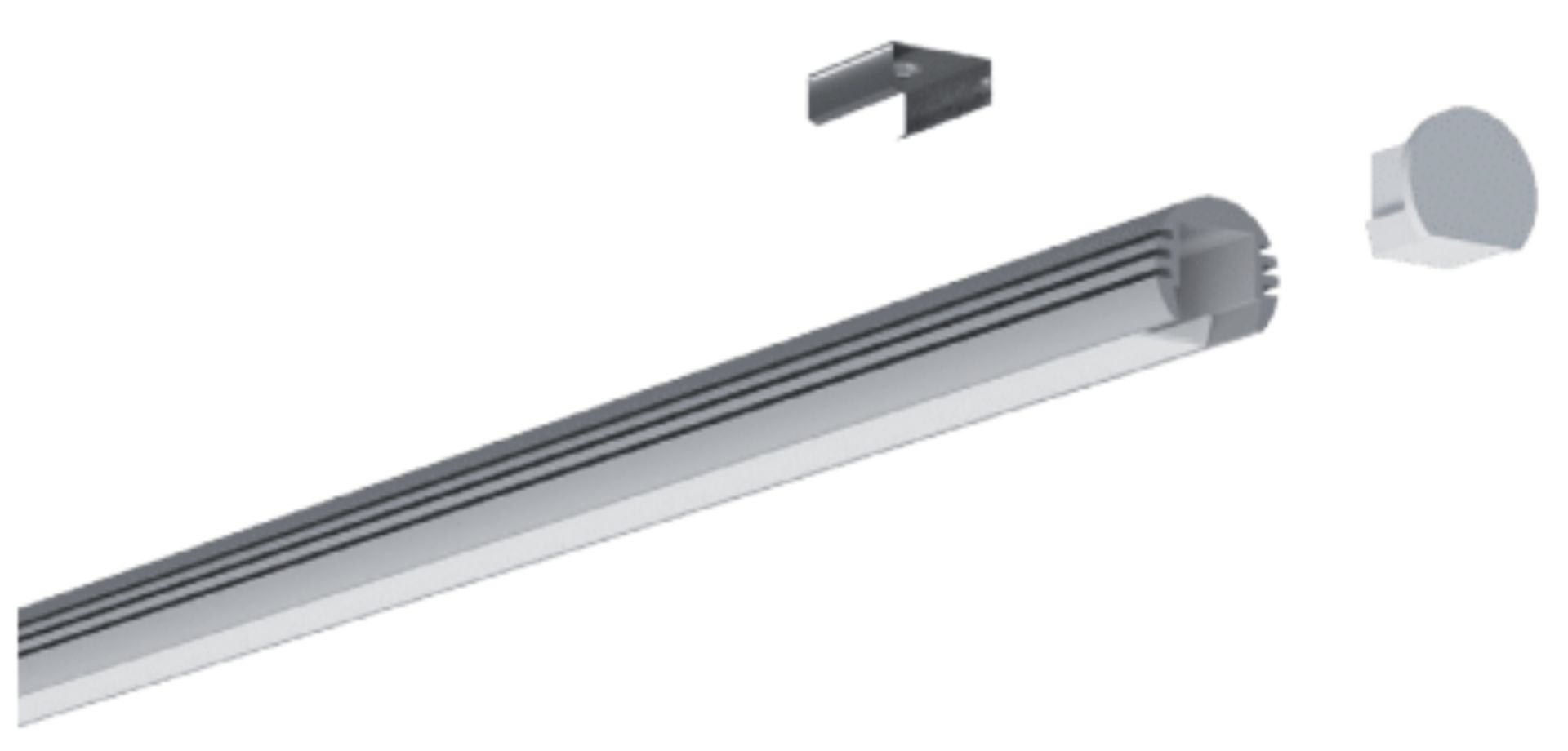 Silver linear LED light fixture, mounting bracket, and end cap.