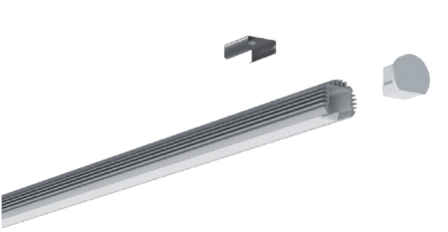 Linear LED light fixture with mounting bracket and end cap, all in gray.