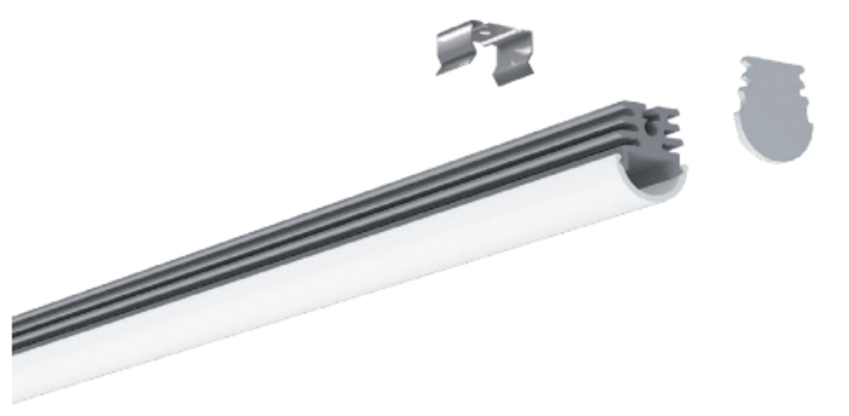 LED light fixture components: a light bar, a clip, and an end cap.
