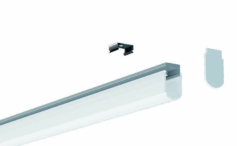 White LED light fixture with mounting clip and end cap against a white background.