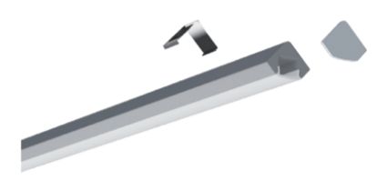 A linear light fixture with a metal bracket and end cap.