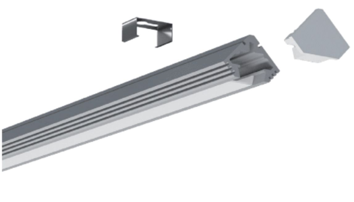 Aluminum LED light fixture with mounting clip and end cap.
