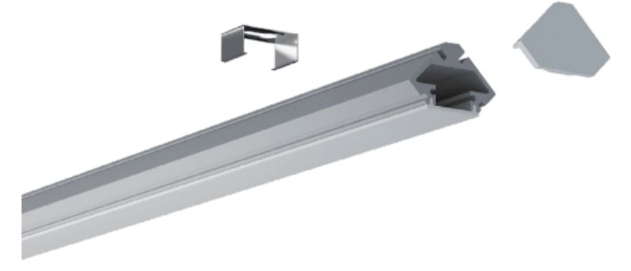 Silver aluminum LED light bar with mounting bracket and end cap.