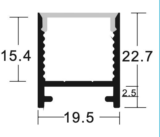 Cross-section of a black aluminum extrusion profile with dimensions labeled in millimeters.