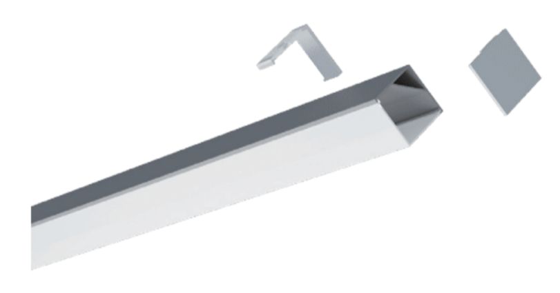 Silver LED light bar with corner connector and end cap components.