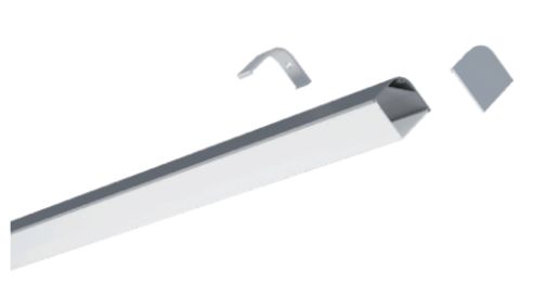 Aluminum channel with mounting clip and end cap, white background.