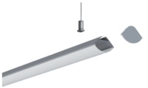 A silver LED light bar with a suspension cable and end cap detached.