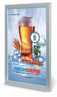 Poster with a glass of beer, ice cubes, and the text