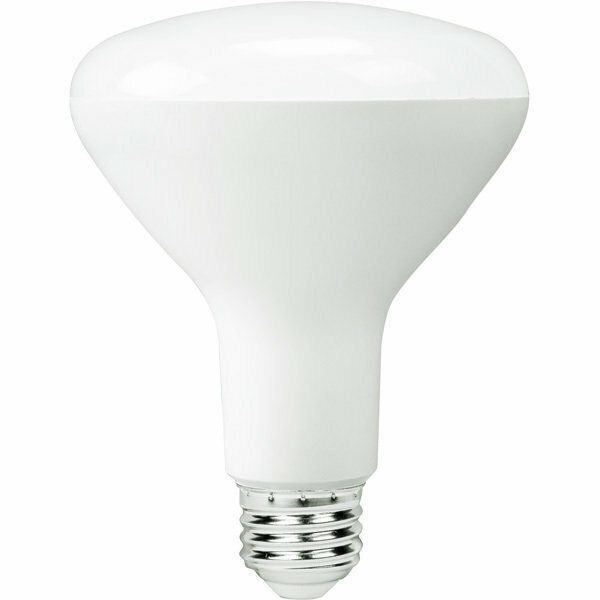 White, pear-shaped LED light bulb with a standard screw base, angled view.